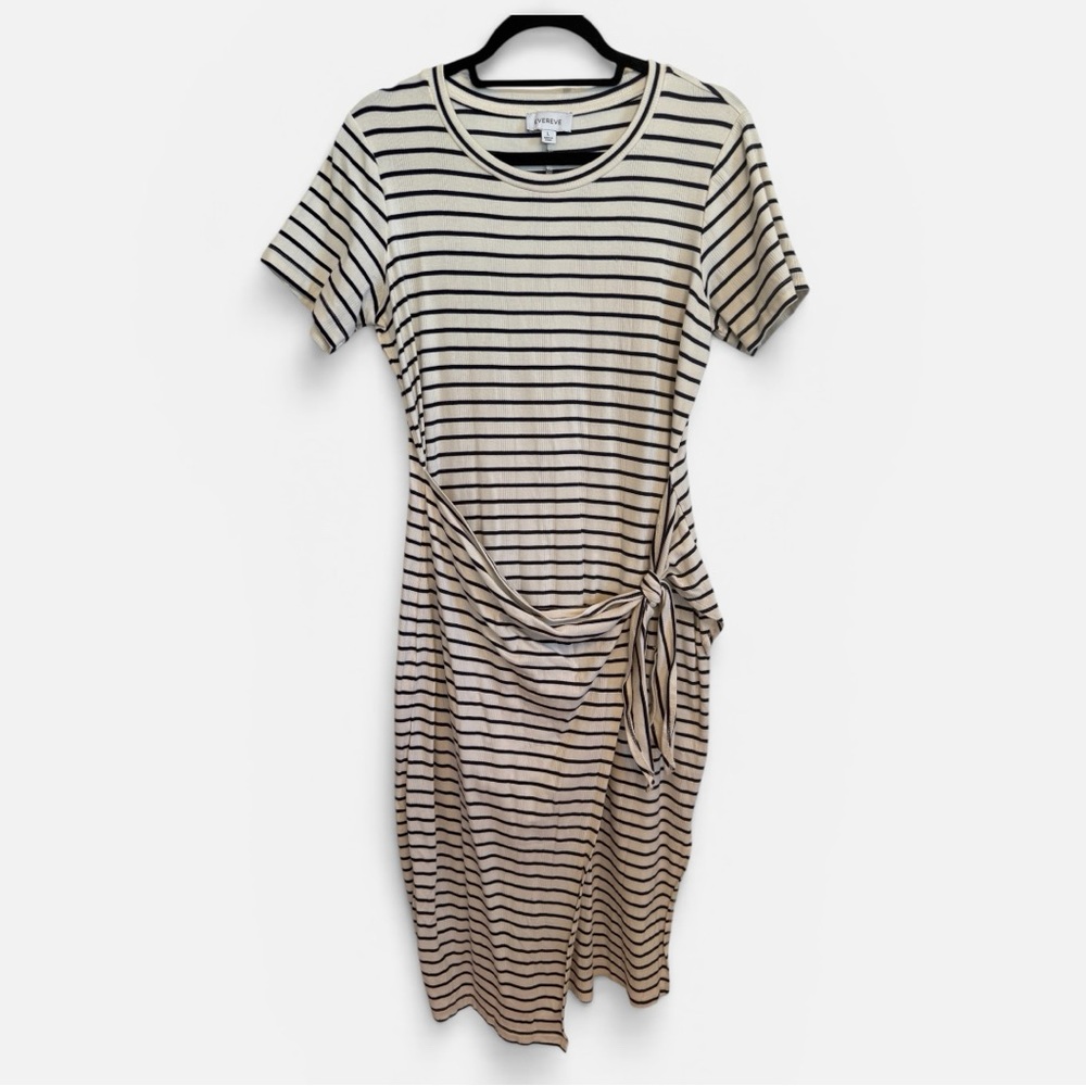 Evereve Cassie Striped Textured Ivory Navy Midi Dress with Tie Sz LG
